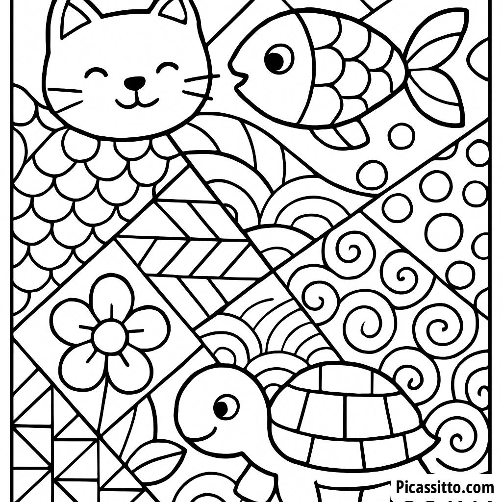 Zentangle Ausmalbild mit Fantasie-Tieren und Geometrischen Formen