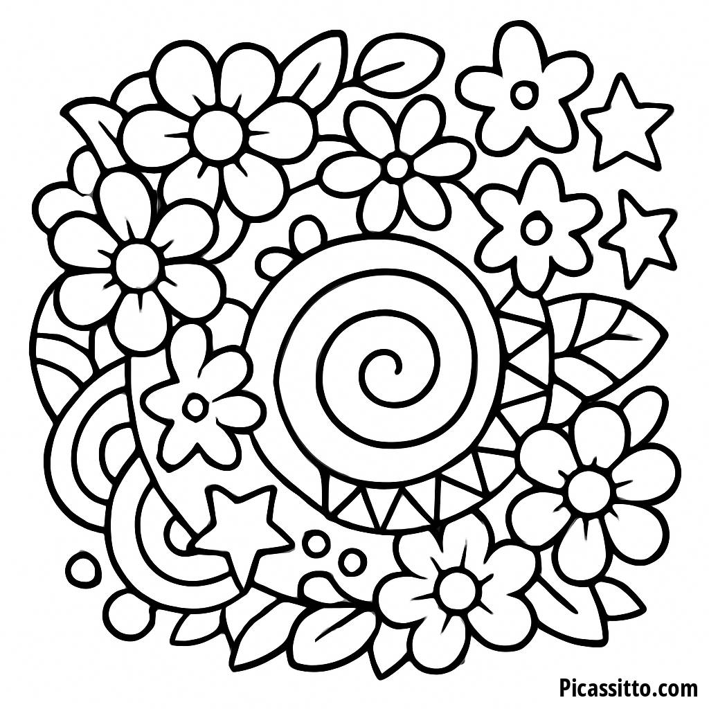 Whimsical Flower and Star Mandala Coloring Page