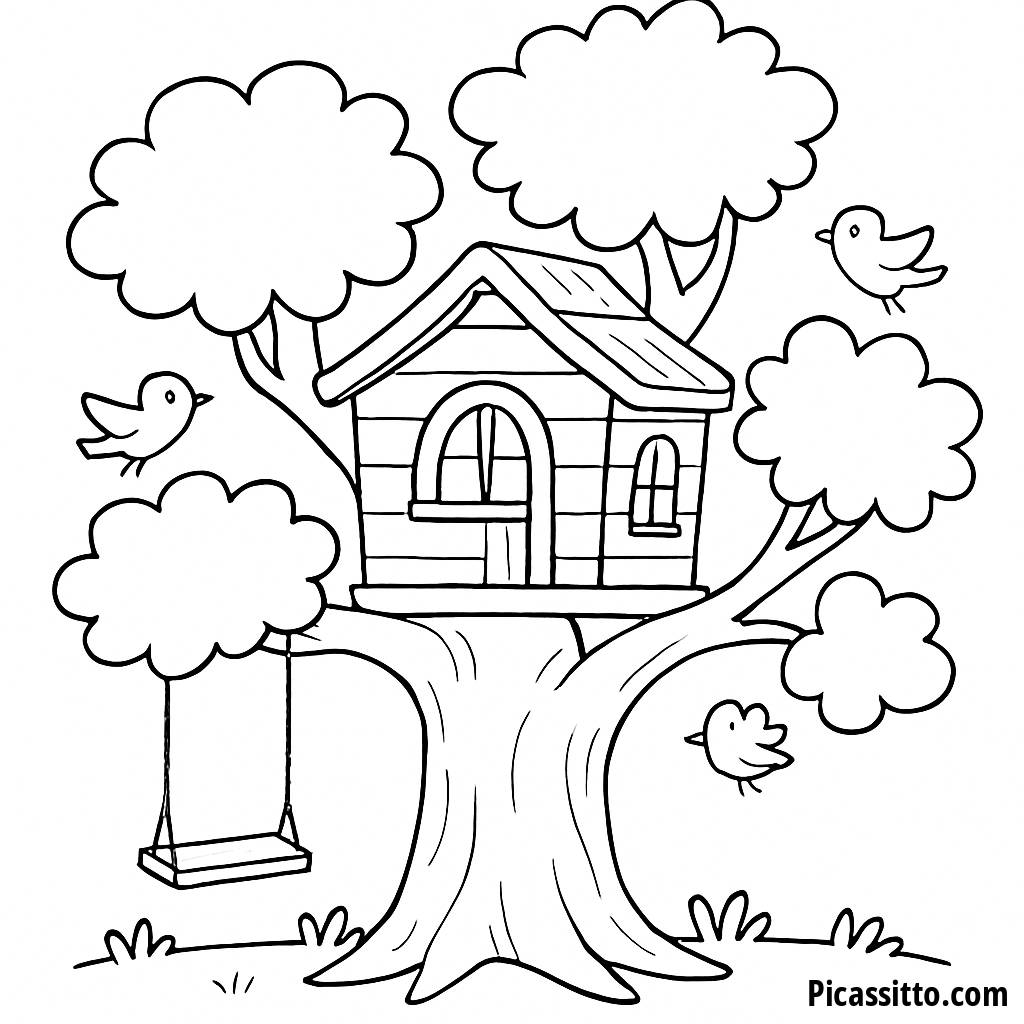 Pagina da Colorare della Casa sull'Albero Fantasiosa