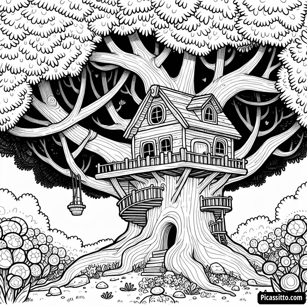 Verspielte Baumhaus Malvorlage