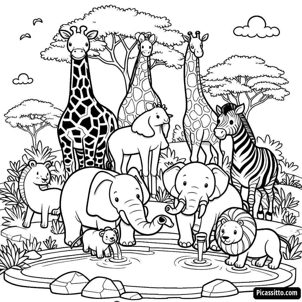 Página para Colorear de Animales Salvajes Reunidos en el Pozo de Agua