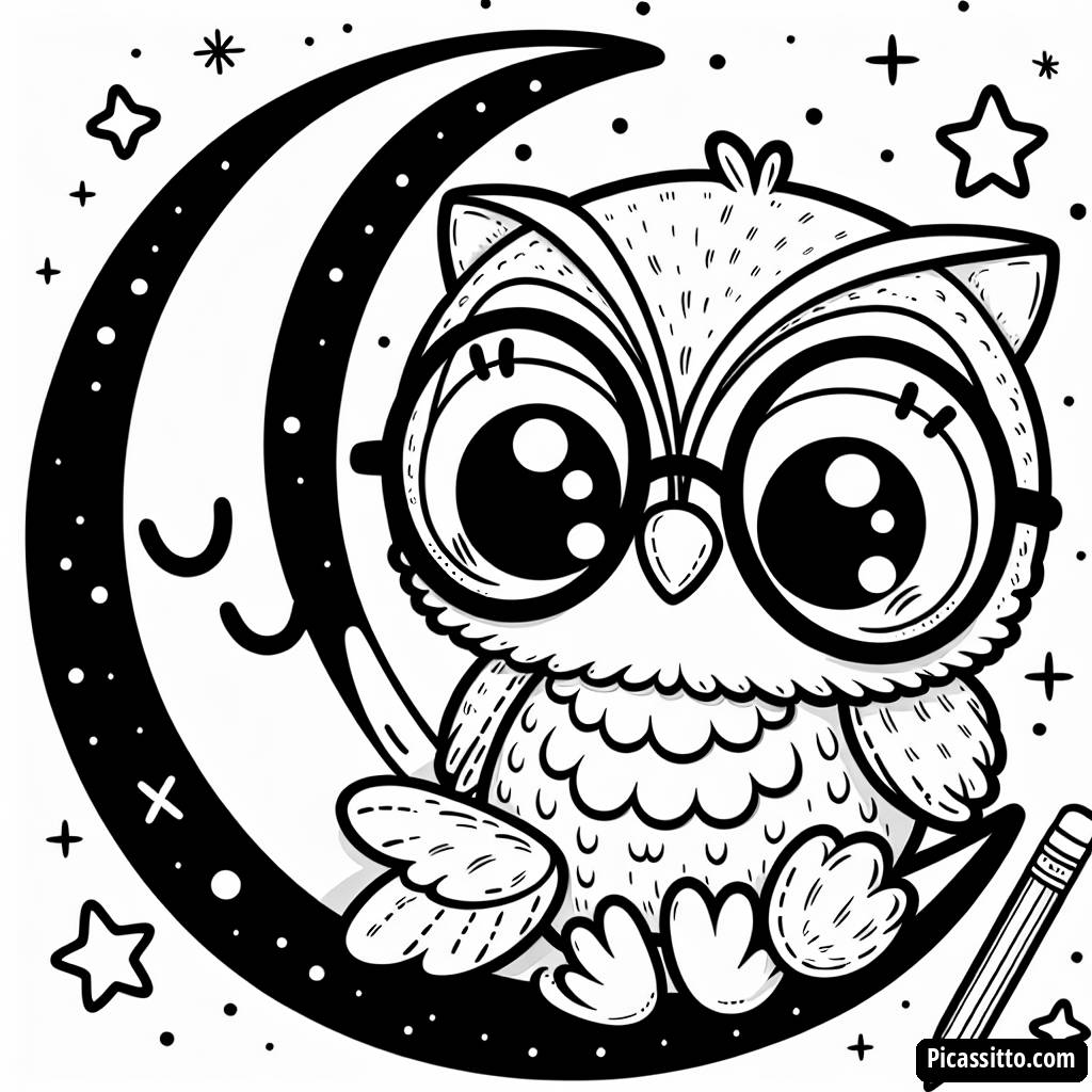 Pagina da Colorare: Un Gufo Saggio con Occhiali sulla Luna
