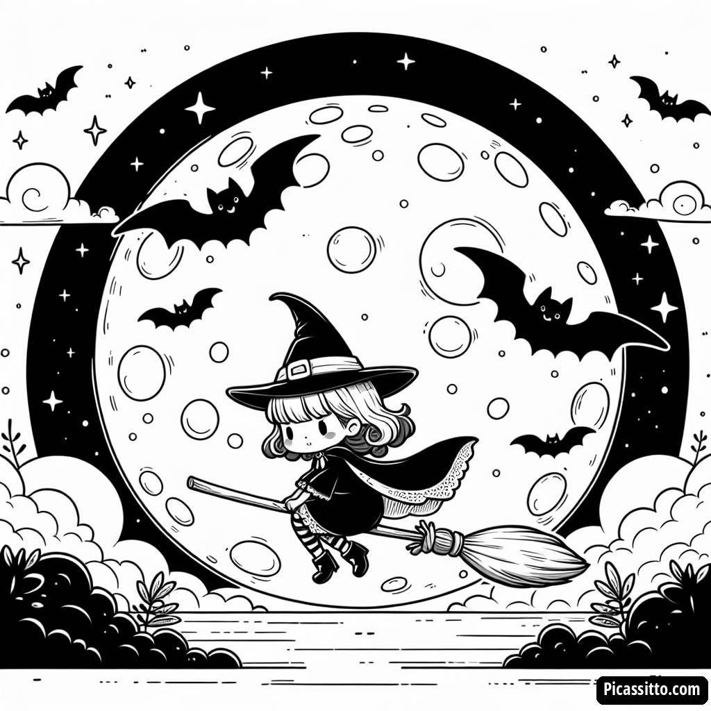 Pagina da Colorare della Strega sul suo Manico
