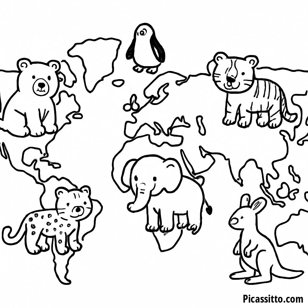 Pagina da Colorare della Mappa del Mondo con Animali dei Cartoni Animati
