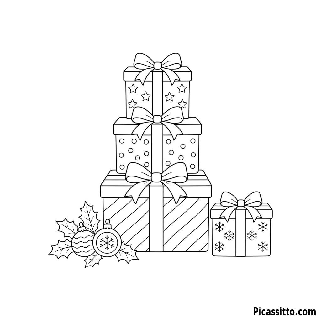 Stack of Wrapped Presents with Bows Coloring Page