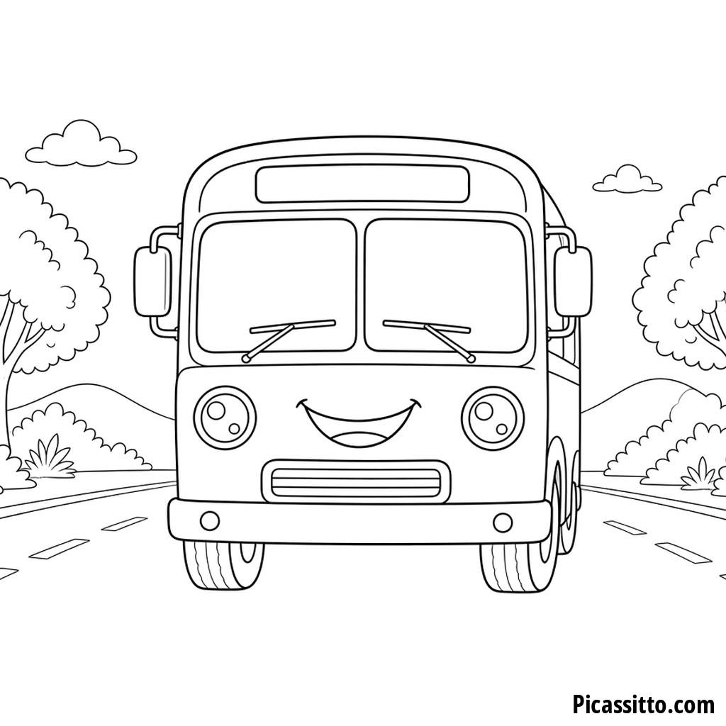Smiling School Bus Front View Coloring Page