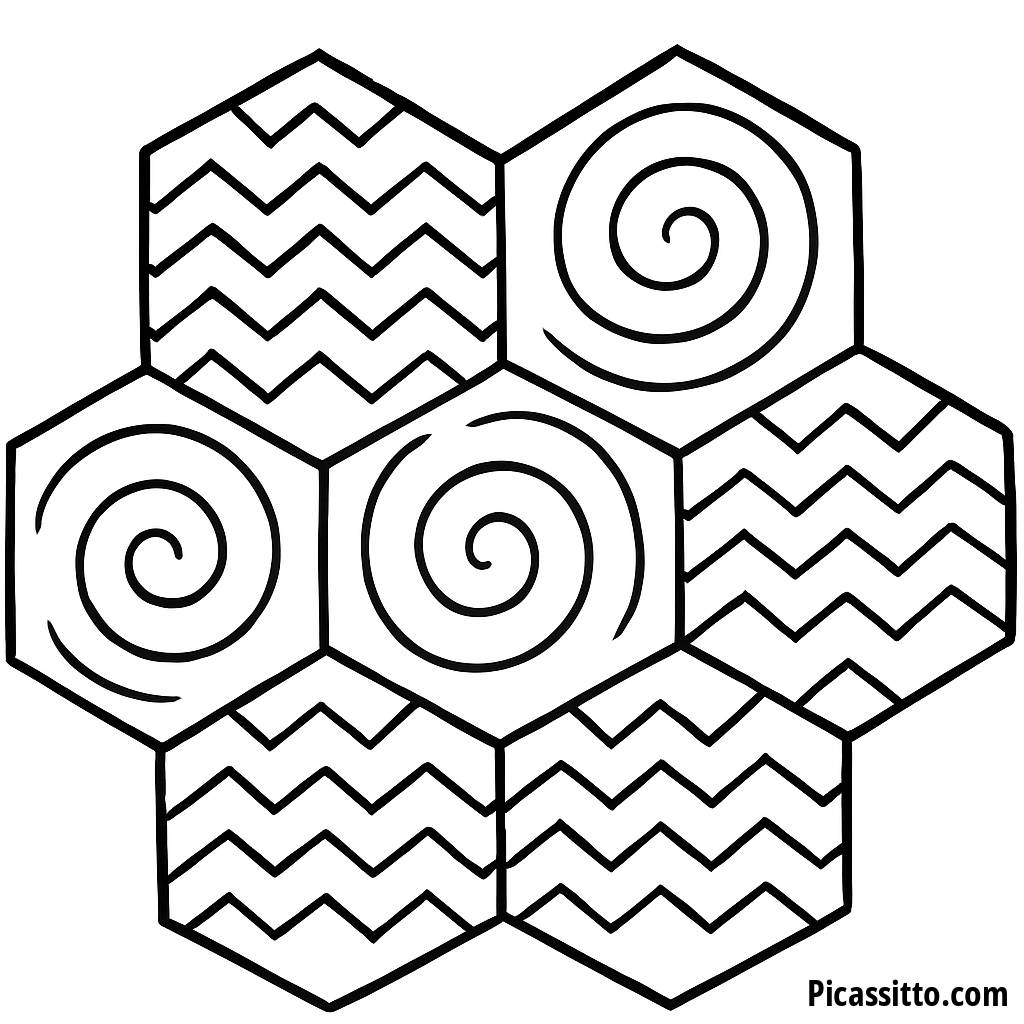 Ausmalbild von Verknüpften Sechsecken mit Zickzacklinien und Spiralen