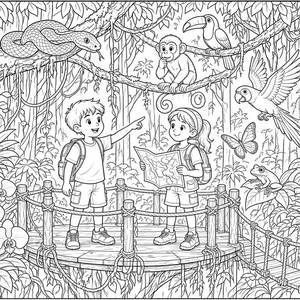 Aventura na copa da floresta tropical para colorir