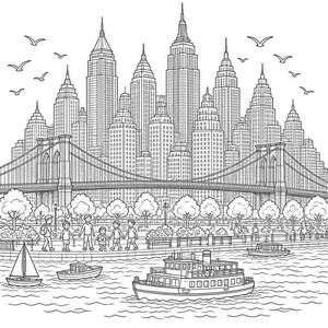 Desenho para colorir horizonte da cidade com ponte e barcos