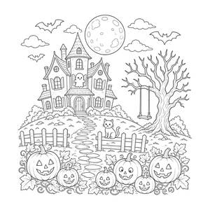 Coloriage maison hantée et champ de citrouilles au clair de lune