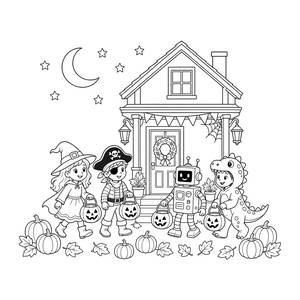 Kinder beim Süßes-oder-Saures in der Halloween-Straße Ausmalbild
