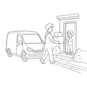 Courier Delivering Parcels from a Van Coloring Page