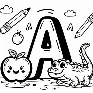 Ausmalbild des Buchstabens A mit Apfel und Alligator