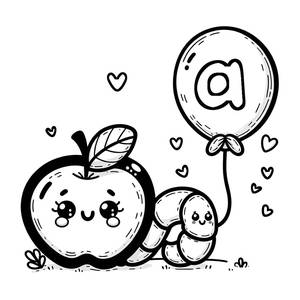 Letter A Coloring Page: Apple, Worm and an A Balloon