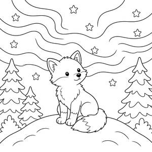 Arctic Fox Under the Northern Lights Coloring Page
