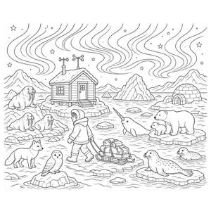 Estación de investigación ártica y animales polares - Página para colorear
