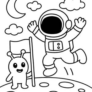 Astronaut Coloring Page: Jumping on the Moon with a Friendly Alien!