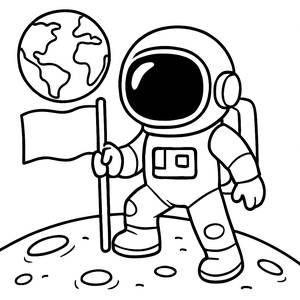 Page à Colorier Astronaute : Planter un Drapeau sur la Lune