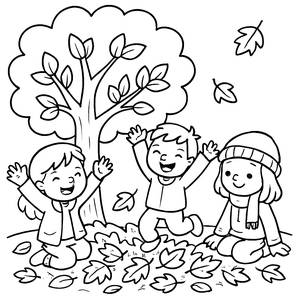 Autumn Adventures: Children Playing in Leaves Coloring Page