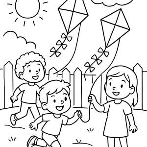 Diversión en el Jardín: Página para Colorear de Amigos Volando Cometas