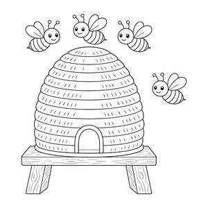 Beehive with Happy Bees Coloring Page