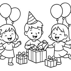 Geburtstagsmalblatt: Kinder mit Bunten Ballons und Geschenken