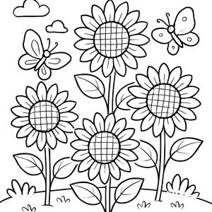 Pagina da Colorare con Girasoli e Farfalle
