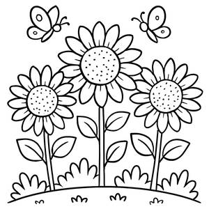 Ausmalbild von Blühenden Sonnenblumen und Schmetterlingen