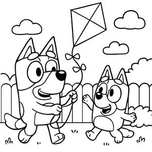 Malvorlage von Bluey und Bingo im Garten