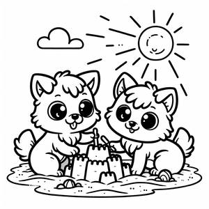 Раскраска Блуи и Бинго на Пляже