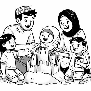 Página para Colorear de la Familia Bluey Construyendo un Castillo de Arena
