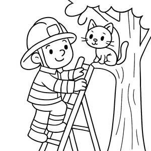 Pagina da Colorare Vigile del Fuoco Coraggioso: Soccorrere un Gattino da un Albero