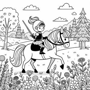 Pagina da Colorare del Coraggioso Cavaliere: Passeggiata nel Prato