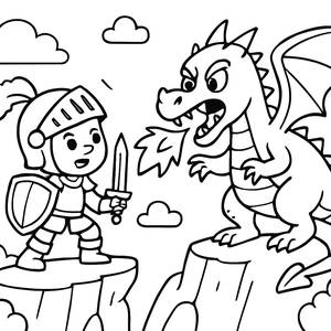 Brave Knight vs. Fierce Dragon Coloring Page
