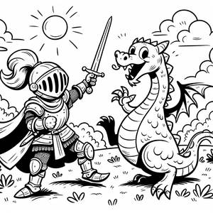 Pagina da Colorare di Coraggioso Cavaliere e Drago Amichevole