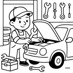 Busy Garage Coloring Page - Mechanic Fixing a Car