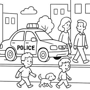 Malvorlage Polizeiauto an einer Belebten Straße