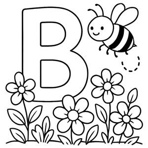 Pagina da Colorare: Un'Ape Indaffarata e la Lettera 'B' in un Giardino di Fiori