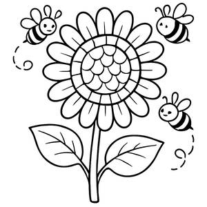 Ausmalbild mit Sonnenblume und Summenden Bienen