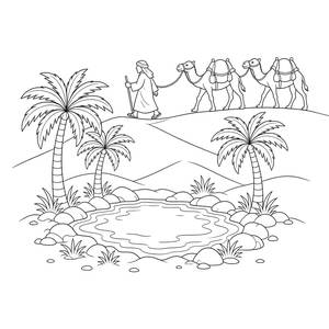 Camel Caravan Passing a Desert Oasis Coloring Page