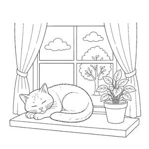 Cat Napping on the Windowsill by a Potted Plant Coloring Page