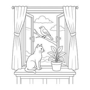 Cat on Windowsill Coloring Page