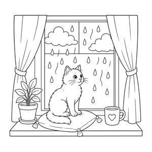 Cat Watching the Rain at the Window Coloring Page