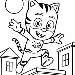 Página para Colorir do Catboy Pulando Entre os Telhados