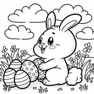 Pagina da Colorare di Coniglio Allegro: Nascondendo Uova Colorate nell'Erba