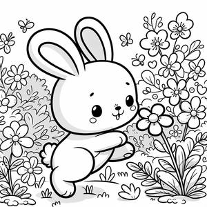 Fröhliches Kaninchen, das Durch Blühende Blumen Hüpft Malvorlage
