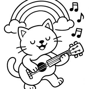 Page à Colorier d'un Chat Joyeux: Jouant de la Guitare Colorée Sous un Arc-en-Ciel