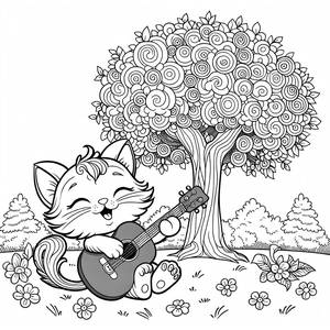 Page à Colorier du Chat Joyeux avec Guitare
