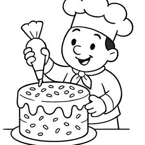 Cheerful Chef Baking a Giant Cake Coloring Page