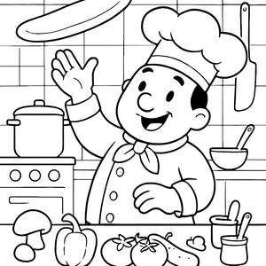 Cheerful Chef Coloring Page - Tossing Pizza Dough Fun!